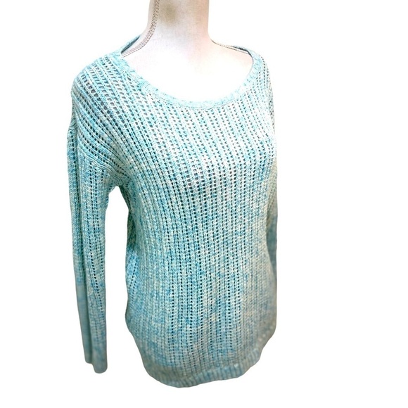 Talbots open weave aqua marled scoop neck cotton sweater side slits medium p - Picture 3 of 10